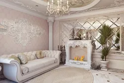 Тұсқағаз фотосуреті бар классикалық қонақ бөлмесі стилі