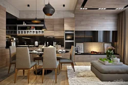 Living room with kitchen in modern style photo design wallpaper