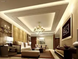 Plasterboard ceiling with lighting in the living room photo design