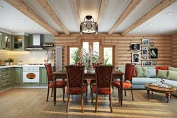 Living Room Interior With Kitchen In Wooden Style