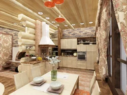 Living Room Interior With Kitchen In Wooden Style
