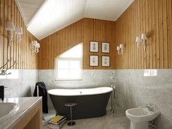 Bathroom plastic panels photo in a wooden house