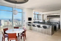 Kitchen living room interior with stained glass windows