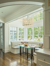 Kitchen living room interior with stained glass windows