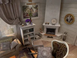 Photo of a living room in a country house with a fireplace