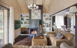 Photo of a living room in a country house with a fireplace