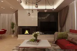 Qonaq otağı mətbəx dizaynı kaminli 20 kv.m.
