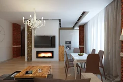 Living room kitchen design with fireplace 20 sq.m.