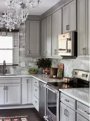 White kitchen gray apron in the interior photo