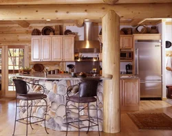 Kitchen design in a wooden house made of logs