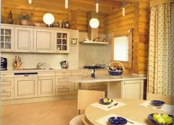 Kitchen design in a wooden house made of logs