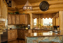 Kitchen design in a wooden house made of logs