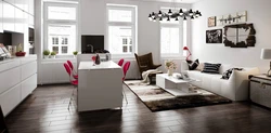 Gray floor in the interior of the kitchen living room