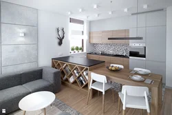 Gray floor in the interior of the kitchen living room