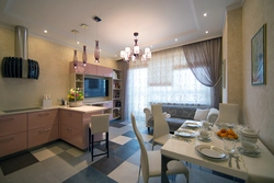 Living room kitchen design with sofa and balcony