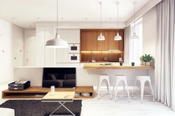 White Kitchen Living Room Interior With Wood