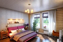 Wood and wallpaper in one bedroom interior