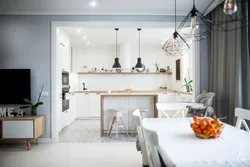 Set without upper cabinets design combined with living room