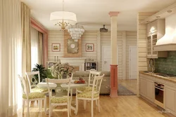 Kitchen and living room at the dacha in a wooden house photo