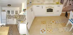 Mətbəxdə önlük və döşəmə bir kafel fotoşəkili ilə
