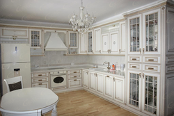 Corner kitchen design with display cabinets