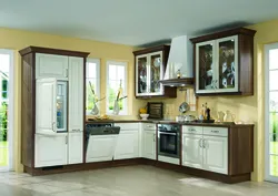 Corner kitchen design with display cabinets