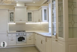 Corner kitchen design with display cabinets