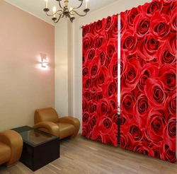 Curtains with roses in the bedroom interior