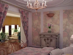 Curtains with roses in the bedroom interior