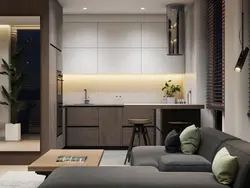 Living room with kitchen in modern style photo rectangular