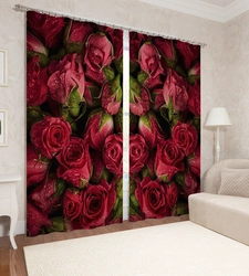 Curtains with roses in the living room interior