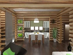 Log house interior kitchen living room