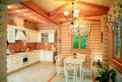 Log house interior kitchen living room