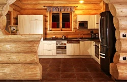 Log house interior kitchen living room