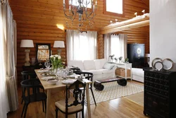 Kitchen design for a living room in a country house in a wooden house