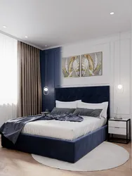 Soft blue bed in the bedroom interior