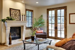 Living room window design with fireplace