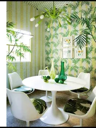 Photo wallpaper leaves in the kitchen interior