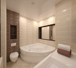 Interior of a small bathroom with toilet tiles