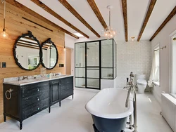 Wooden ceiling design in bathroom