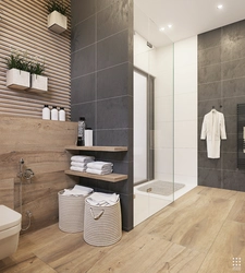 Bathroom design wood and gray tiles