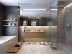 Bathroom design wood and gray tiles