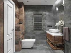 Bathroom design wood and gray tiles