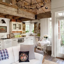 Living room with kitchen design in a rustic house