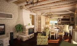 Меҳмонхона бо тарҳи ошхона дар як хонаи rustic