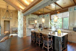 Living room with kitchen design in a rustic house