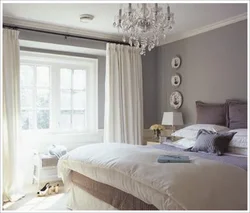 Curtains for the bedroom with gray wallpaper and white furniture photo