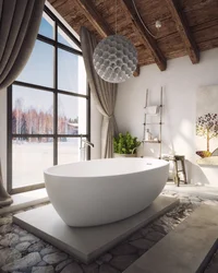 Round bathtub in the bathroom interior