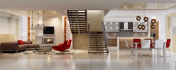 Living room kitchen design with stairs to 2nd floor