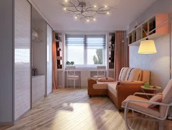 Design of a living room with a balcony in an apartment photo in panel